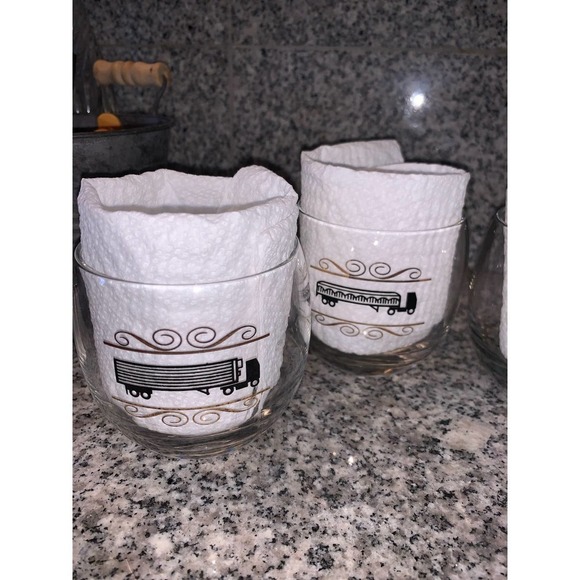 Vintage Trucks Low Ball Roly Poly Crystal Glasses Set Tractor Trailers - Picture 7 of 11